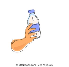 Single continuous line drawing hand holding fresh milk on bottle glass packaging healthy drink product. Fresh milk for health food nutrition. Dynamic one line draw graphic design vector illustration