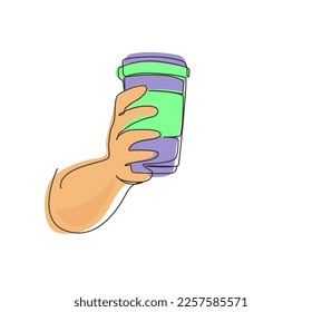 Single continuous line drawing hand holding disposable paper cup of hot coffee or tea. Hand holding reusable mug of hot chocolate. Zero waste. Modern One line draw graphic design vector illustration