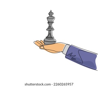 Single continuous line drawing hand holding king chess figure. Business strategy management. Partnership offer. Sport, competition, competitive, strategic. One line draw design vector illustration
