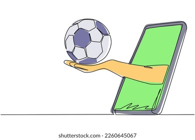 Single continuous line drawing hand holds soccer ball through smartphone  Concept for online games  sports broadcasts  Online football games  Dynamic one line draw graphic design vector illustration