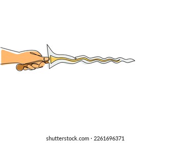 Single continuous line drawing hand holding keris traditional weapon from Indonesia. Javanese keris with its elaborately carved handle and wavy blade is unique. One line draw graphic design vector