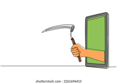Single continuous line drawing hand holding farm scythe through mobile phone. Concept of farming video games, e-sport, entertainment application for smartphones. Dynamic one line draw design vector