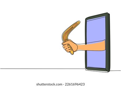 Single continuous line drawing hand holding boomerang through mobile phone. Concept of agility video games, e-sport, entertainment application for smartphones. One line draw design vector illustration