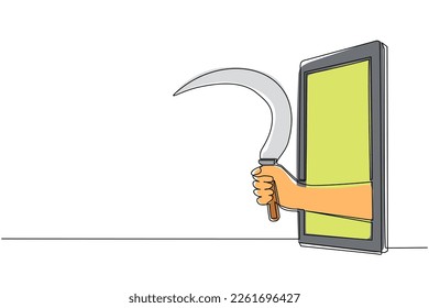 Una sola línea de dibujo continua sosteniendo la hoz de la granja a través del teléfono móvil. Concepto de videojuegos agrícolas, e-sport, aplicación de entretenimiento para smartphones. vector de diseño gráfico de tracción de línea