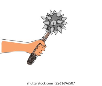 Una sola línea de dibujo continua sosteniendo el arma de la maciza medieval. Cama de acero de icono de guerrero de guerra militar. Juega de poder de hierro negro. Fuerte arma de pelota real de protección. vector de diseño de tracción dinámica de una línea