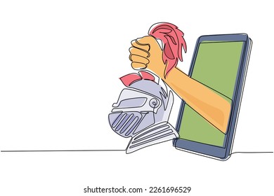 Una sola línea de dibujo continua sosteniendo un hacha de dos lados a través del teléfono móvil. Concepto de videojuegos, e-sport, aplicación de entretenimiento para smartphones. vector de diseño gráfico de tracción dinámica de una línea