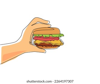 Single continuous line drawing hand holding burger. Hamburger. Delicious fast food. Cutlet with vegetables in bun with sesame seeds. Hand holding hamburger. Dynamic one line draw graphic design vector