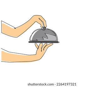 Single continuous line drawing hand holding stainless steel food cover. Metal restaurant cloche, stainless steel glove, serving dome or cloche. Dynamic one line draw graphic design vector illustration