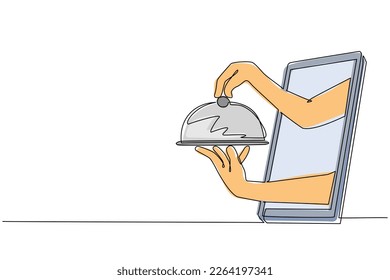 Single continuous line drawing hand holding stainless steel food cover through mobile phone. Concept of restaurant delivery online food. Application for smartphone. One line draw design grsphic vector