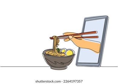 Single continuous line drawing hand holding ramen bowl with chopsticks through mobile phone. Concept of restaurant order delivery online food. Application for smartphones. One line draw design vector