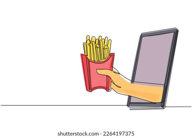 Single continuous line drawing hand holding french fries in paper box through mobile phone. Concept of restaurant order delivery online food. App for smartphones. One line draw graphic design vector