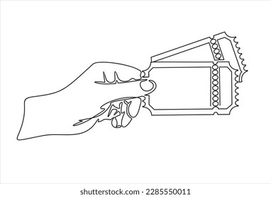 Single continuous line drawing of hand holding a tickets. One line draw design graphic vector illustration.