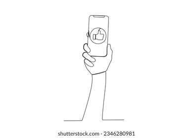 Single continuous line drawing of a hand holding a mobile phone with a like icon
