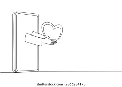 Single continuous line drawing hand coming out from the middle of the smartphone holding a heart. Metaphor favors services during online transactions. Satisfaction. One line design vector illustration