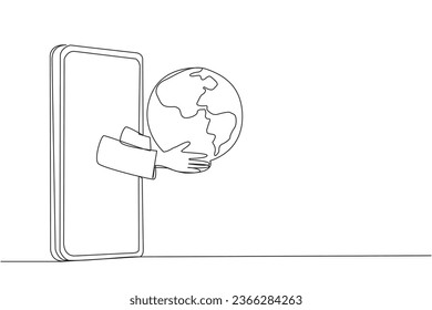 Single continuous line drawing the hand comes out from the middle of the smartphone holding the globe. Map the area to finds shipping prices. Online stuff shopping. One line design vector illustration