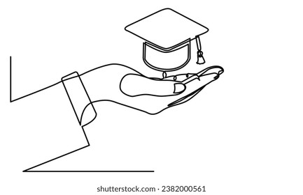 Dibujo de una sola línea continua de la mano sujetando el tapón de graduación. icono de la tapa de graduación. concepto de la línea de corte de graduación en curso sombrero, educación, graduación, éxito, ilustración de vectores en blanco y negro.
