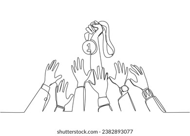 Single continuous line drawing hand in hand for medal number one. Everyone wants to get it. Fight harder. Trying to be smarter. Business success will arrive. One line design vector illustration