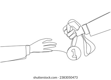 Single continuous line drawing a hand gives medal number one. Awarded to the winner. Get rewards for hard work in the business world. Get compliments. Success. One line design vector illustration