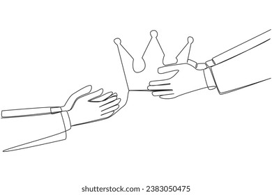 Single continuous line drawing a hand gives the crown. Hard work that pays off. Get the most important throne in the business world. Well-known company. Success. One line design vector illustration