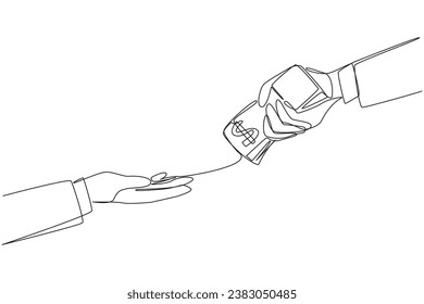 Single continuous line drawing a hand passes a stack of banknotes to colleague. Without checks. Acquisition of the company successfully  by paying in cash. Genius. One line design vector illustration