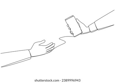 Single continuous line drawing hand giving canned drink. Soft drinks. Cold drink after exercise. Drinks high in sugar content. Not good to consume all the time. One line design vector illustration