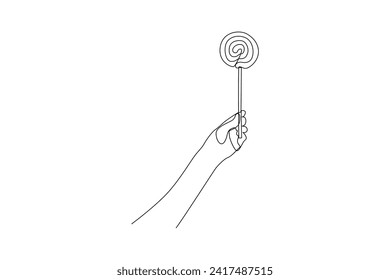 Single continuous line drawing of hand holding lollipop for gifts. Bonus or special offer. Present. Concept of celebration. One line draw graphic design vector illustration