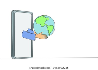 Single continuous line drawing the hand comes out from the middle of the smartphone holding the globe. Map the area to finds shipping prices. Online stuff shopping. One line design vector illustration