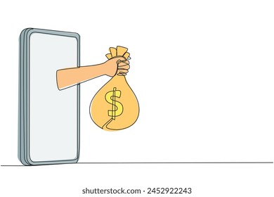 Single continuous line drawing the hand comes out from the middle of the smartphone holding the money bag. Extraordinary daily profits. Online stuff shopping. One line design vector illustration