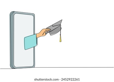 Single continuous line drawing hand comes out from the smartphone holding graduation cap. Graduation ceremony. Level up celebration metaphor. Online stuff shopping. One line design vector illustration