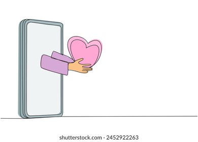 Single continuous line drawing hand coming out from the middle of the smartphone holding a heart. Metaphor favors services during online transactions. Satisfaction. One line design vector illustration