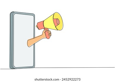 Single continuous line drawing hand comes out from middle of the smartphone holding megaphone. Massive discount information distributed through online application. One line design vector illustration