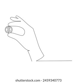 Single continuous line drawing of hand holding a dollar coin. Collecting coin by coin, innovation in business to earn more coins. One line design vector illustration