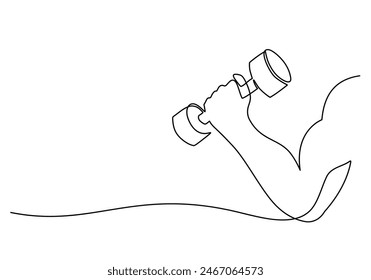Single continuous line drawing hand holding dumbbell. Hand with muscle in holding barbell. Gym and fitness center concept.