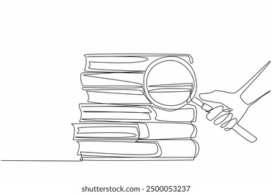 Single continuous line drawing hand holding magnifying glass and pointing at a pile of books. Exploration. Scientific research in language. National Grammar Day. One line design vector illustration