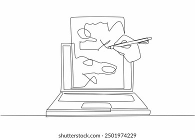 Single continuous line drawing hand is making corrections to the writing on the paper attached to the laptop screen. Provide education. National Proofreading Day. One line design vector illustration