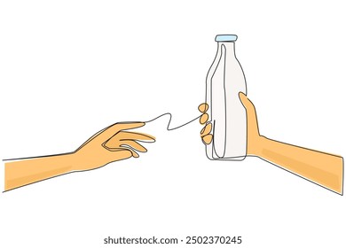 Single continuous line drawing hand giving bottle of milk. Share healthy drinks. Drinking it cold is more refreshing. Drinks high in calcium are good for the body. One line design vector illustration