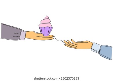 Single continuous line drawing hand giving a cupcake. Has a light texture. Soft when eaten. Snack food baked in small thin paper. Has lots of flavors. Sweet snacks. One line design vector illustration