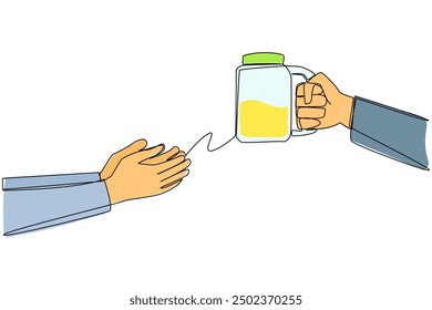 Single continuous line drawing hand giving lemonade drink. A fresh drink that helps prevent someone from anemia. This drink can also increase endurance. Refreshing. One line design vector illustration