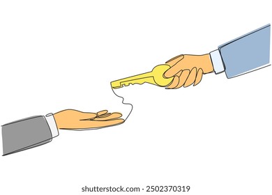 Single continuous line drawing a hand gives a key to a coworker. Full trust is given. Fix anything that's broken. Keep it up. Business that will continue to grow. One line design vector illustration