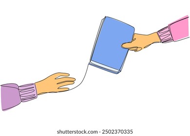 Single continuous line drawing a hand gives a book to its partner. Lend a book. Increase knowledge. Making the world getting closer. A hobby of reading. Good habit. One line design vector illustration