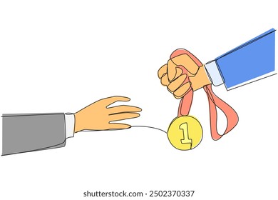 Single continuous line drawing a hand gives medal number one. Awarded to the winner. Get rewards for hard work in the business world. Get compliments. Success. One line design vector illustration