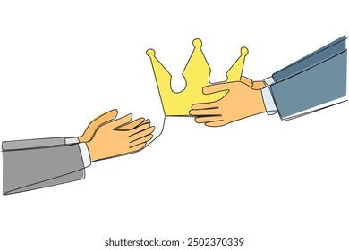 Single continuous line drawing a hand gives the crown. Hard work that pays off. Get the most important throne in the business world. Well-known company. Success. One line design vector illustration