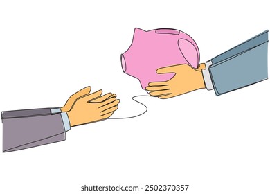 Una sola línea continua dibujando una mano le entregó una hucha a su pareja. Comprobar las necesidades del fondo de pensiones. Hacer el mejor negocio para vivir cómodamente en la jubilación. Ilustración vectorial de diseño de una línea