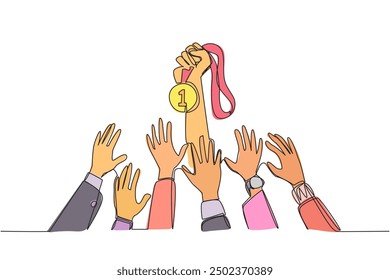 Single continuous line drawing hand in hand for medal number one. Everyone wants to get it. Fight harder. Trying to be smarter. Business success will arrive. One line design vector illustration