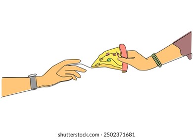 Single continuous line drawing hand giving slice of pizza. Foods that ruin diet pattern. Usually these foods have high levels of fat, salt and calories. Junk food. One line design vector illustration