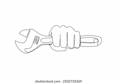 Single continuous line drawing hand is clenching a wrench. Adjustable tool can make work easier. Unscrew the screw. Water pipe repair work. World Plumbing Day. One line design vector illustration