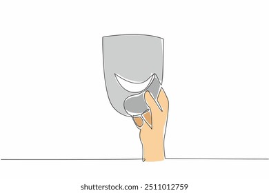 Single continuous line drawing hand holding a smiling mask. Control the mood to always be happy. Far from anxiety. Fake smile. Unable to control excessive emotions. One line design vector illustration