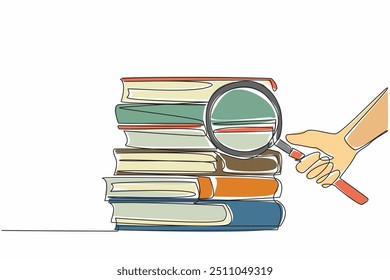 Uma única linha contínua desenhando mão segurando lupa e apontando para uma pilha de livros. Exploração. Pesquisa científica em linguagem. Dia Nacional da Gramática. Ilustração de vetor de design de uma linha