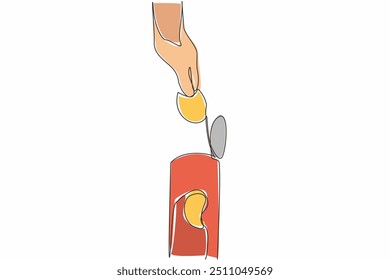 Single continuous line drawing a hand takes potato chips from a tube packaging. Delicious snacks in a nice packaging. Keep food crispy. Tasty. National Snack Day. One line design vector illustration