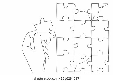 Single continuous line drawing hand holding puzzle pieces and beside it is a large puzzle. Complementary pieces. Become an image. Perfect. National Puzzle Day. One line design vector illustration